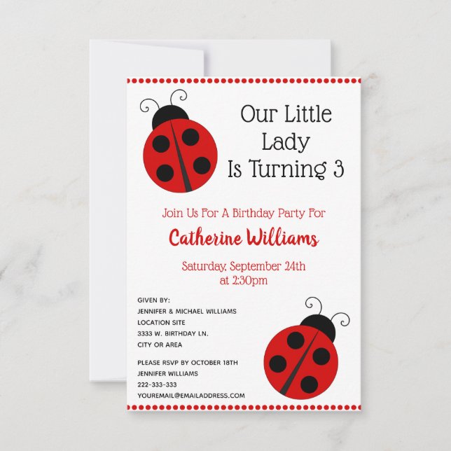 Cute Ladybug Polka Dot Llittle Girl Birthday Party Invitation (Front)