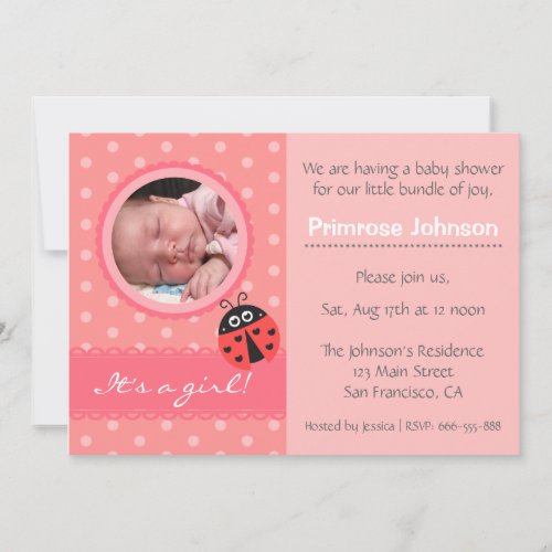 Cute Ladybug Polka Dots Baby Girl Shower Photo Invitation