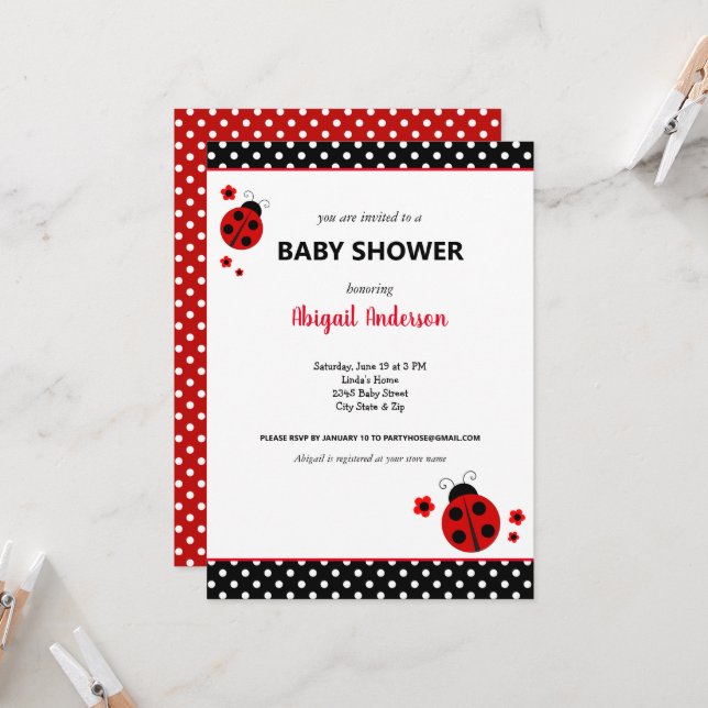 Cute Ladybug Polka Dots Baby Shower Invitation (Front/Back In Situ)