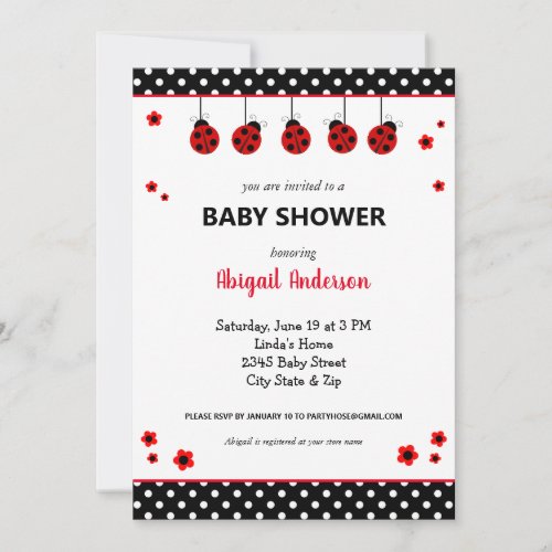 Cute Ladybug Polka Dots Baby Shower Invitation