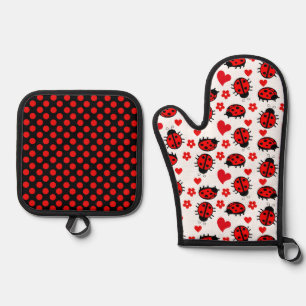 Cute Ladybug Polka Dots Black Red Seamless Pattern Oven Mitt & Pot Holder Set
