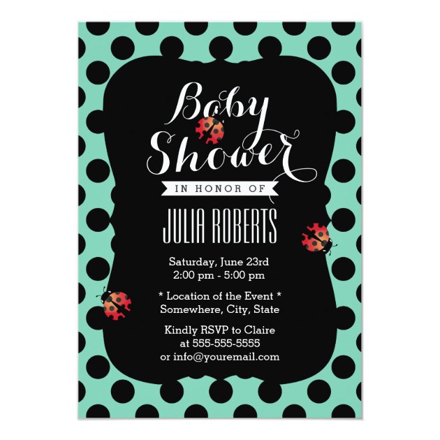 Cute Ladybug Polka Dots Mint Green Baby Shower Invitation