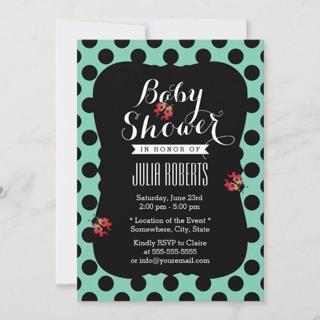 Cute Ladybug Polka Dots Mint Green Baby Shower Invitation (Front)