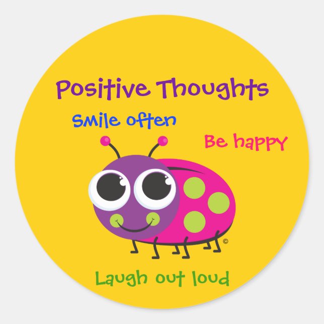 Cute Ladybug "Positive Thoughts" Classic Round Sticker (Front)