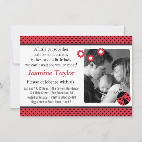 Cute Ladybug Red and Black Polka Dots Baby Shower Invitation