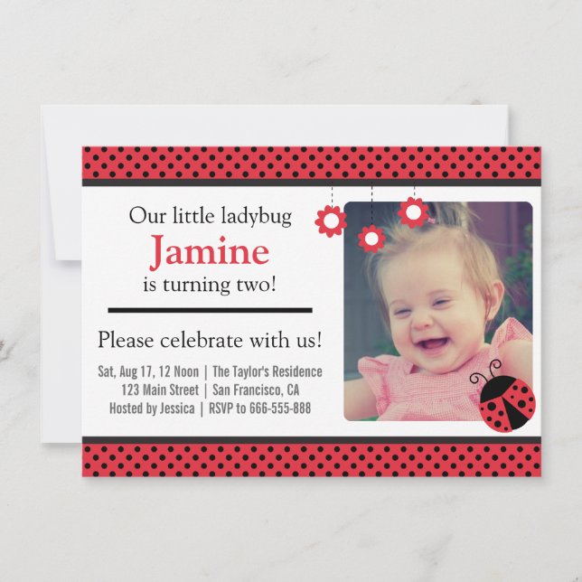 Cute Ladybug, Red and Black Polka Dots birthday Invitation (Front)