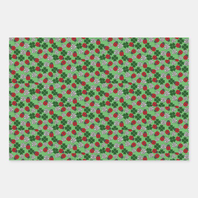 Cute Ladybug red and green pattern Wrapping Paper Sheets (Front)