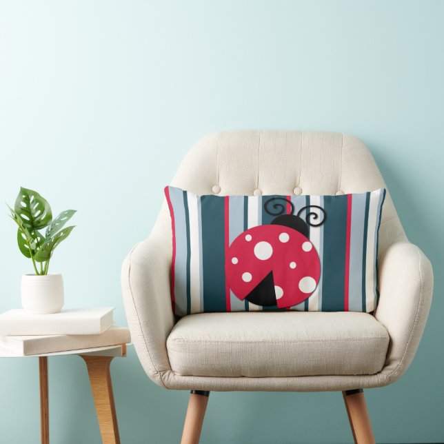 Cute Ladybug Red White Blue Stripes Pattern Lumbar Pillow (Chair)
