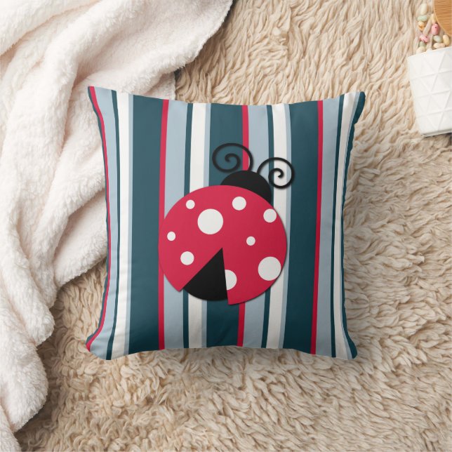 Cute Ladybug Red White Blue Stripes Pattern Throw Pillow (Blanket)