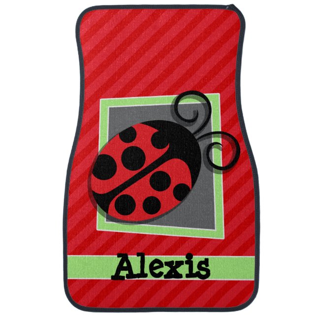 Cute Ladybug; Scarlet Red Stripes Car Mat (Front)