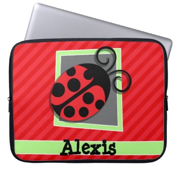 Cute Ladybug; Scarlet Red Stripes Laptop Sleeve by Birthday_Party_House at Zazzle