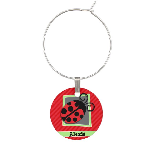 Cute Ladybug; Scarlet Red Stripes Wine Charm (Front)