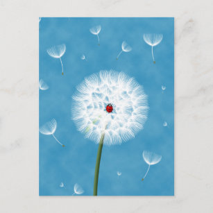Cute ladybug sitting on top of a dandelion postcard