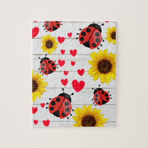 Cute Ladybug Sunflower and Hearts Gift Jigsaw Puzzle
