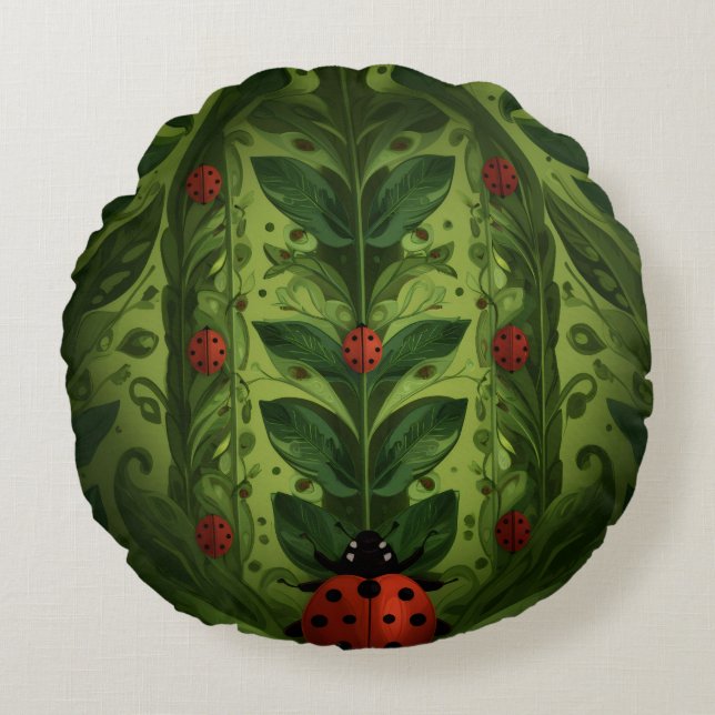 Cute Ladybug & Vertical Plants Round Pillow  (Front)