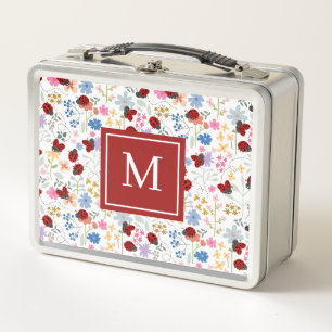 Cute Ladybug Wildflowers Whimsical Floral Monogram Metal Lunch Box