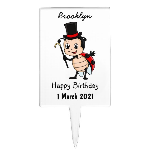 Cute ladybug with top hat and tie cartoon cake topper (Front)