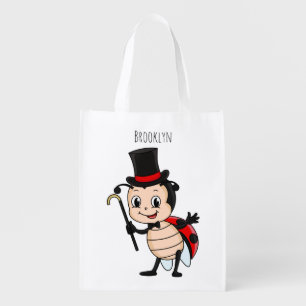 Cute ladybug with top hat and tie cartoon grocery bag