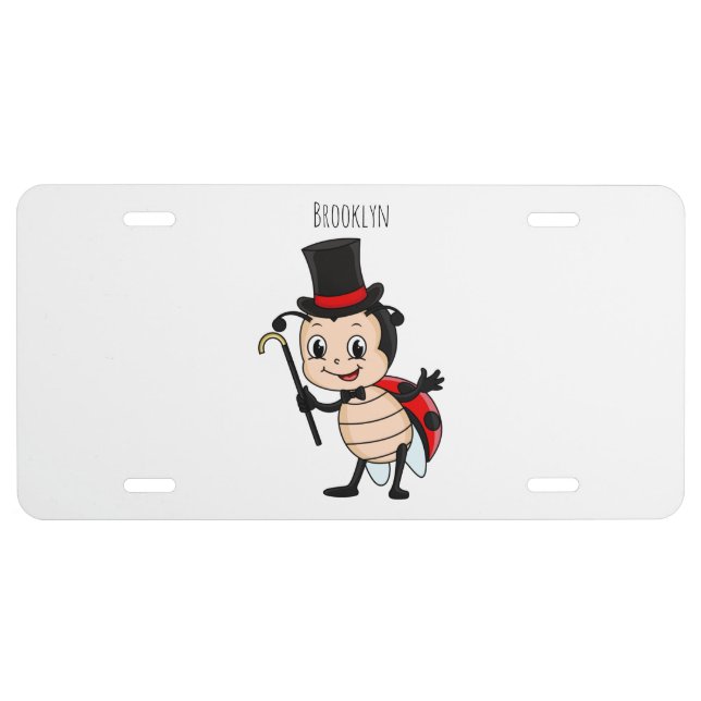 Cute ladybug with top hat and tie cartoon  license plate (Front)