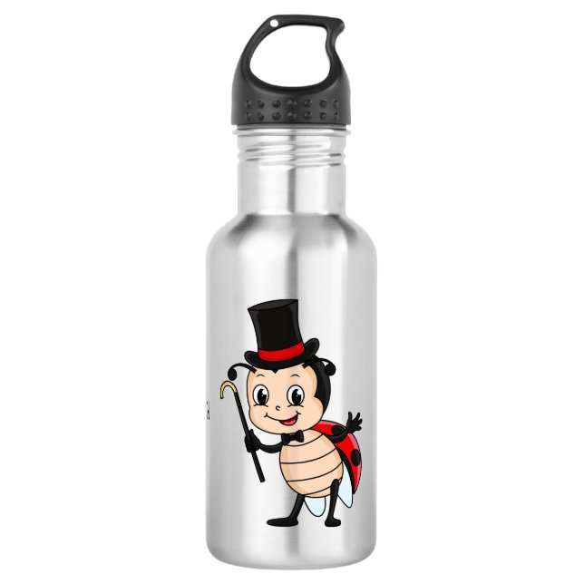 Cute ladybug with top hat and tie cartoon stainless steel water bottle (Front)
