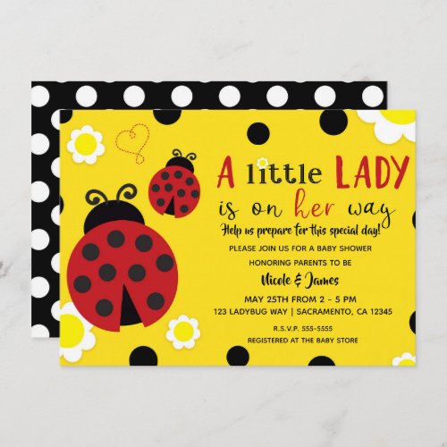 Cute Ladybug Yellow Flowers Girls Baby Shower Invitation