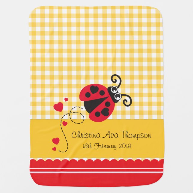 Cute ladybug yellow red custom name date blanket (Front)