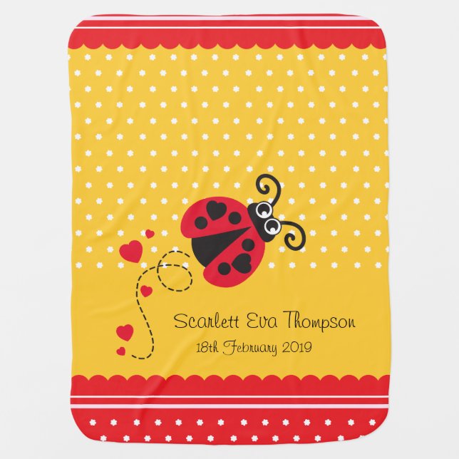 Cute ladybug yellow red custom name date blanket (Front)