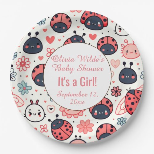 Cute Ladybugs and Flowers Baby Shower Paper Plates