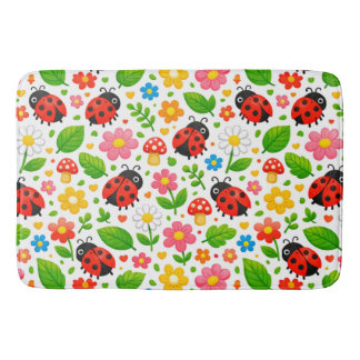 Cute Ladybugs and Flowers for Kids Decor Bath Mat