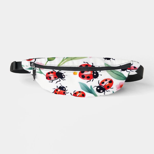 Cute ladybugs and flowers pattern white fanny pack (Front)