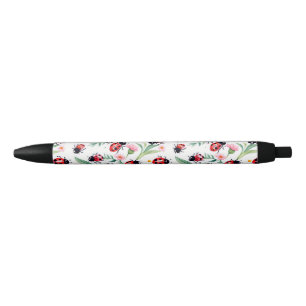 Cute ladybugs and flowers pattern white pen