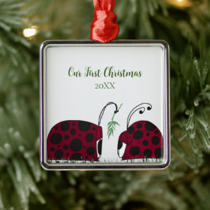 Cute Ladybugs And Mistletoe Metal Ornament