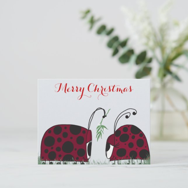 Cute Ladybugs And Mistletoe Postcard (Standing Front)