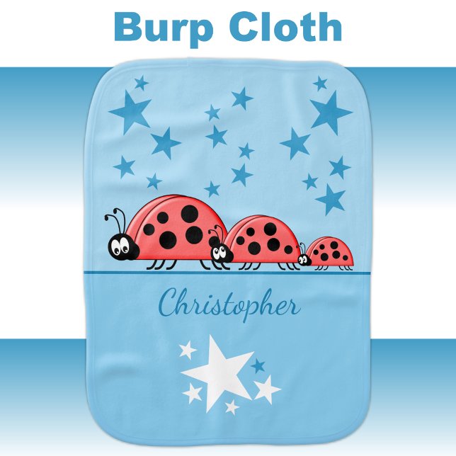 Cute ladybugs and stars add name white blue baby burp cloth (Creator Uploaded)