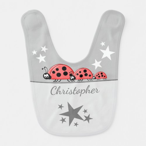 Cute ladybugs and stars add name white grey baby bib