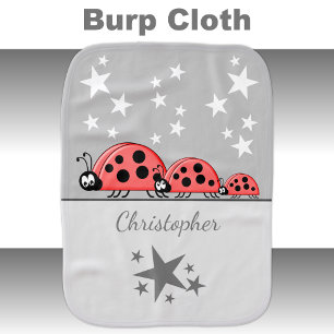 Cute ladybugs and stars add name white grey baby burp cloth