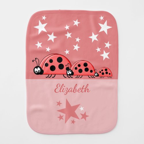 Cute ladybugs and stars add name white pink baby burp cloth
