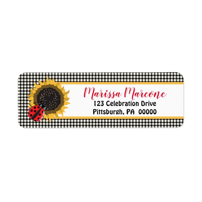 Cute Ladybugs and Sunflowers BW Gingham Checks Label (Front)
