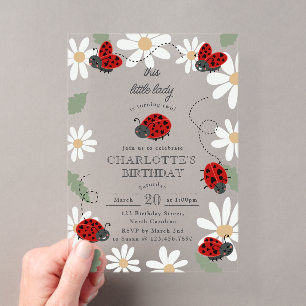 Cute Ladybugs Daisy 1st, 2nd Girl Birthday Party Acrylic Invitations