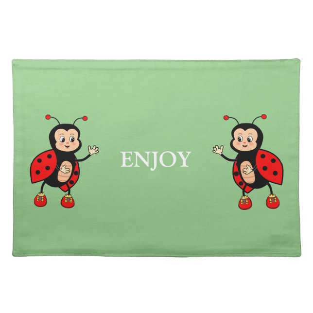 Cute Ladybugs & Enjoy Text on Green Cloth Placemat (Front)