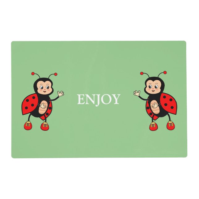 Cute Ladybugs & Enjoy Text on Green Placemat (Front)