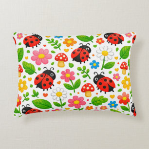Cute Ladybugs Floral Kids with Flowers and Leaves Accent Pillow