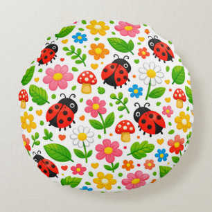 Cute Ladybugs Floral Kids with Flowers and Leaves Round Pillow
