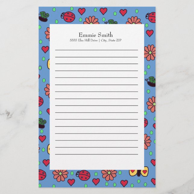 Cute Ladybugs Flowers Hearts Butterflies Stationery (Front)