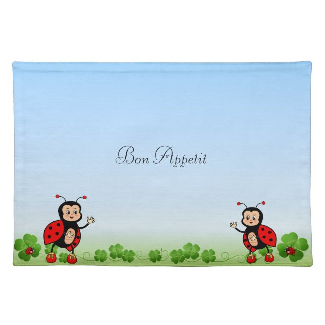 Cute Ladybugs & Four-leaf Clovers on Light Blue Cloth Placemat (Front)