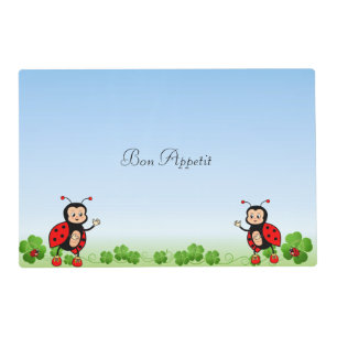 Cute Ladybugs & Four-leaf Clovers on Light Blue Placemat