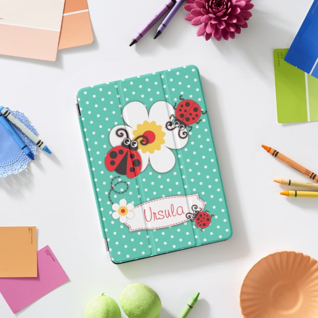 Cute ladybugs girls name red aqua  iPad pro cover (Desk)