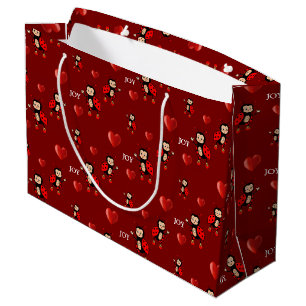 Cute Ladybugs, Hearts and Joy Text on Red Large Gift Bag