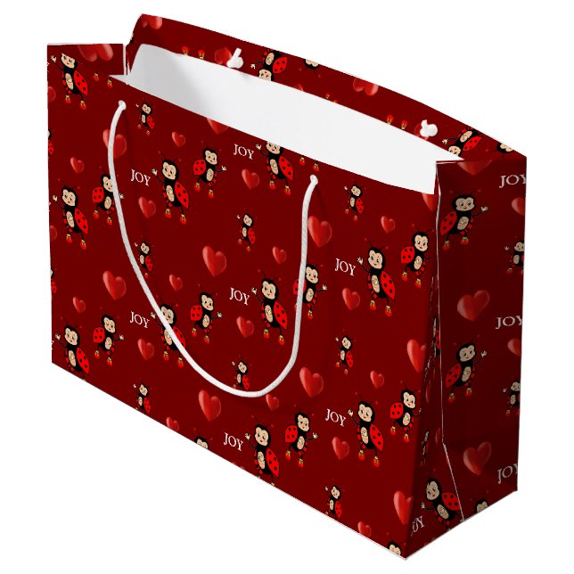 Cute Ladybugs, Hearts and Joy Text on Red Large Gift Bag (Back Angled)