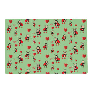 Cute Ladybugs, Hearts & Joy Text on Green Placemat
